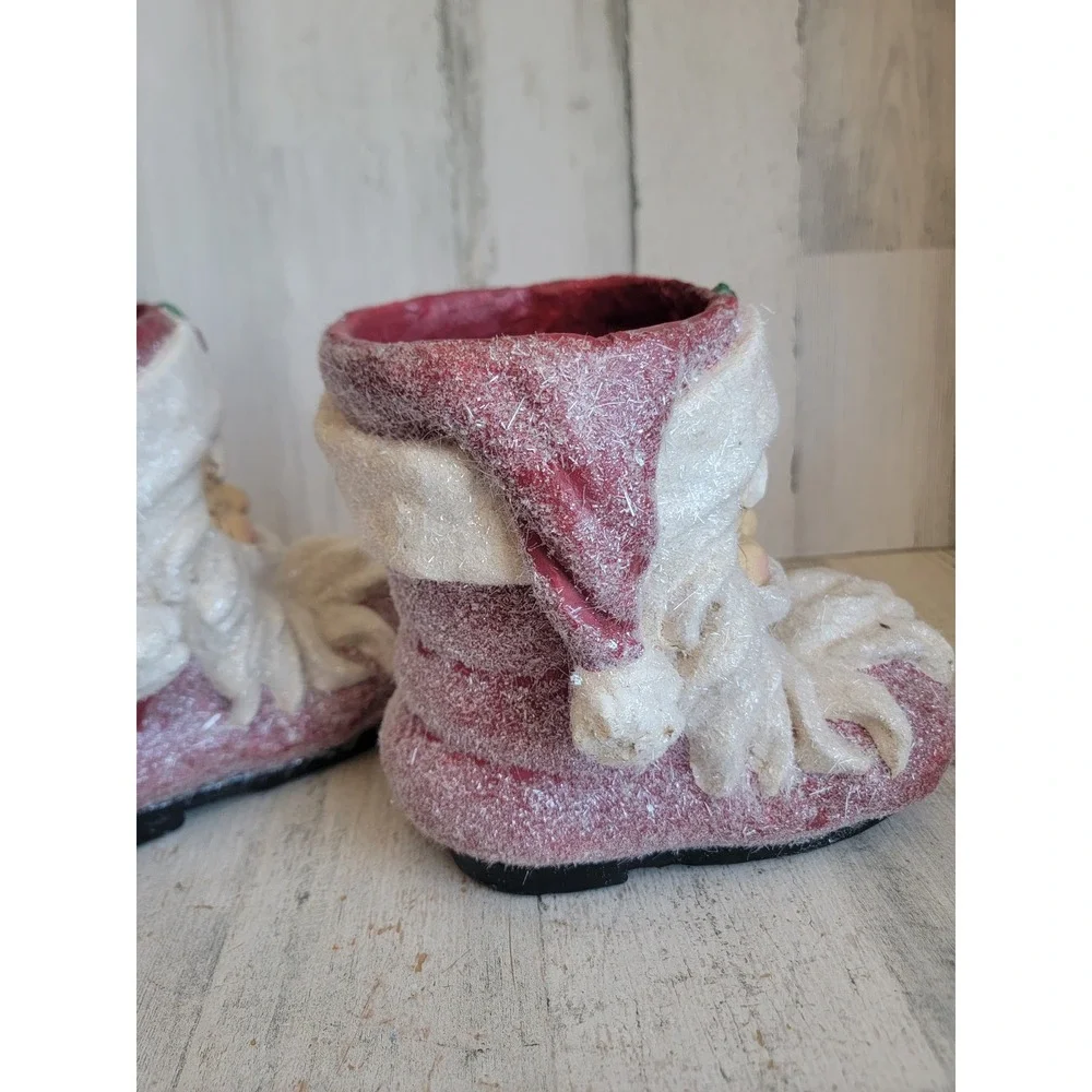 vintage Raz paper mache sugared Santa Claus boot shoes unique set glitter Xmas